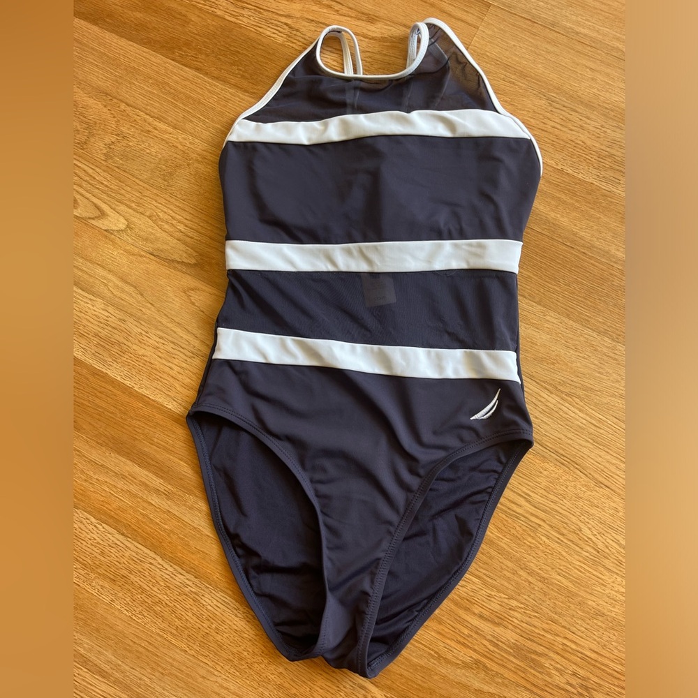 Nautica striped one-piece swimsuit Navy Blue & White Mesh Accents Women’s Small
